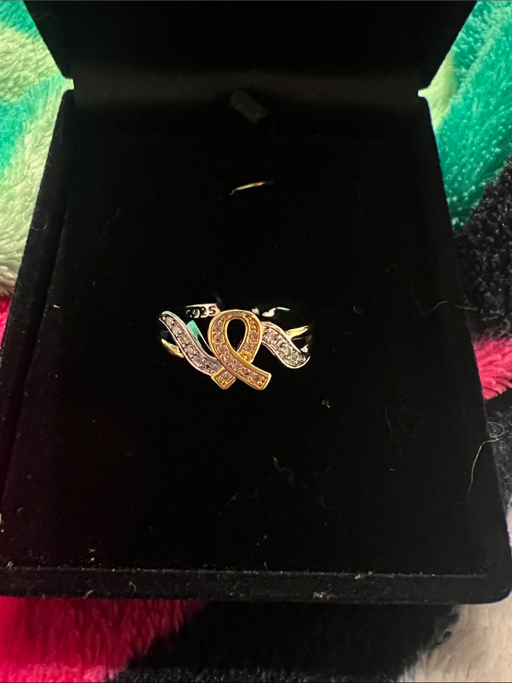 Ribbon Awareness Ring with Crystal Accents - Gold & Silver Tone